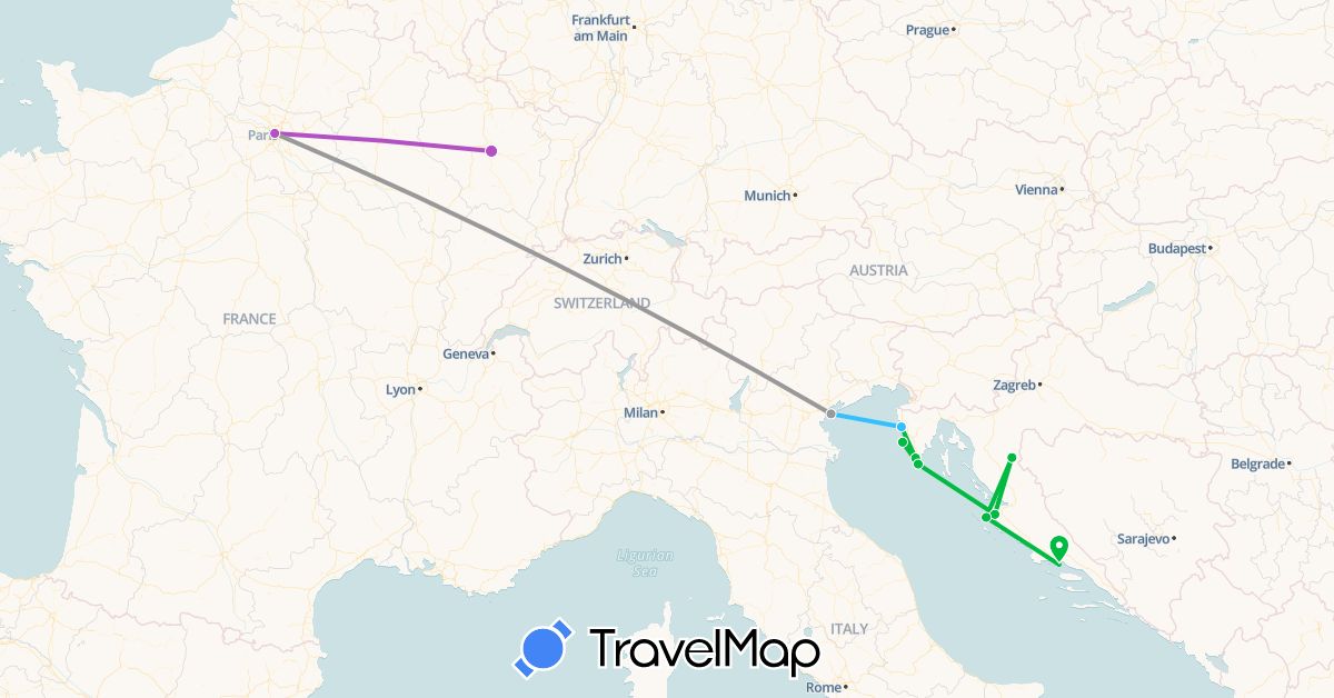 TravelMap itinerary: driving, bus, plane, train, boat in France, Croatia, Italy (Europe)